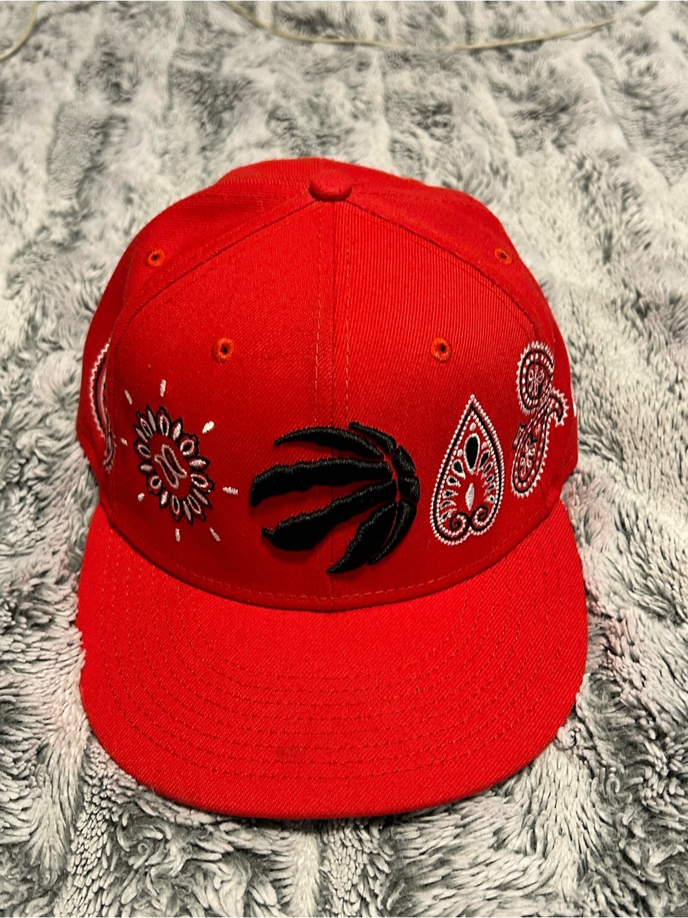Red Embroidered Snapback Cap - Red Paisley Design